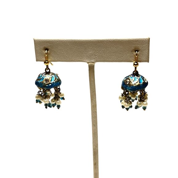 Vintage Blue & Gold Enamel Dangle Jhumka Earrings With Beaded Tassels - Picture 3 of 4